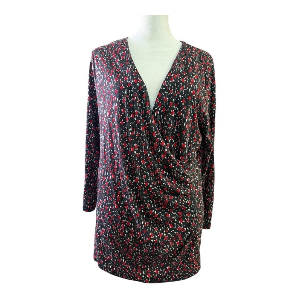 Talbots Black & Red Floral Print Half-Wrap Top XL New with Tags